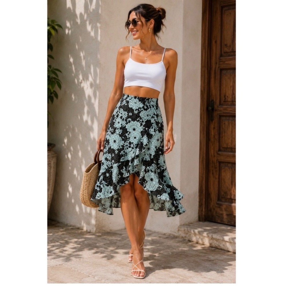 Chico Floral High Low Ruffle Midi Coquette Cottagecore Skirt Light Blue Black SM